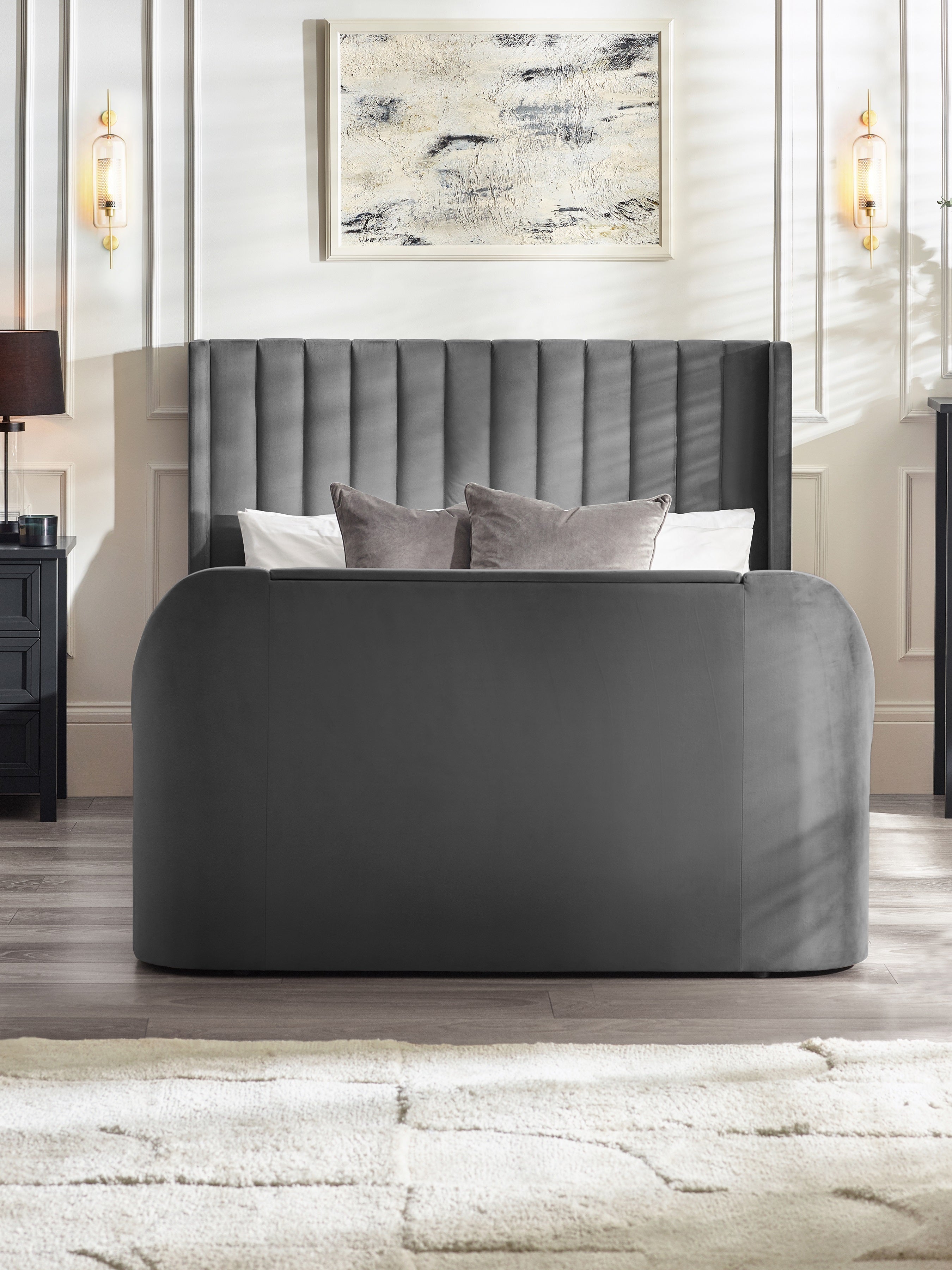 Alston Dark Grey Velvet Ottoman TV Bed King
